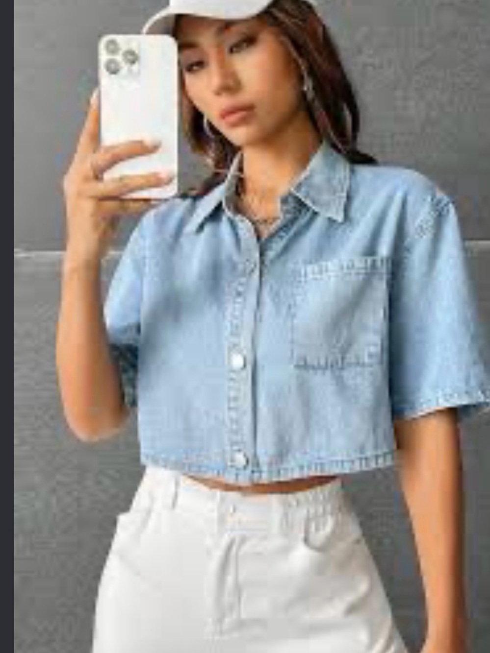 SHEIN Light Blue Cropped Denim Button-Up Shirt